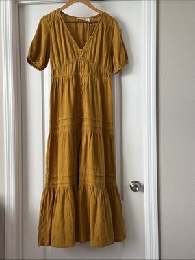 Lucky Brand Mustard Button Front Boho Maxi Dress NWT Size Small